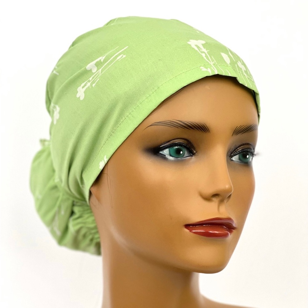 Light Lime Green Flower Ponytail Women’s Surgical Scrub Cap